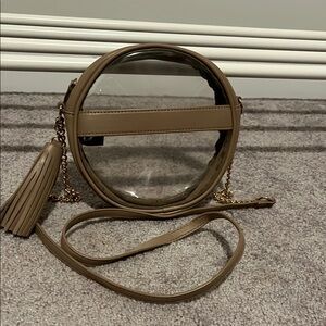 Clear Tan Faux Leather Crossbody Bag with Gold Chain Strap and Tassel